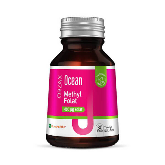 Orzax Ocean Methyl Folat 30 tablet folat takviyesi Quatrefolic 400 µg B9 folik asit içeren ürün kutusu