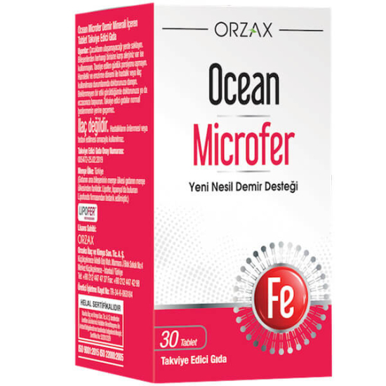 Orzax Ocean Microfer 30 tablet demir takviyesi kutusu, tablet başına 17 mg Demir Lipofer mikroenkapsülasyon- 1