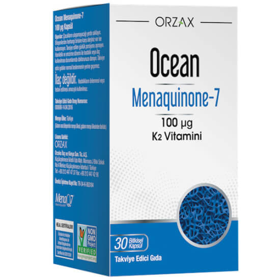Orzax Ocean MK-7 100 mcg 30 kapsül K2 vitamini MenaQ7 içeren vegan bitkisel Vcaps gıda takviyesi kutusu- 1