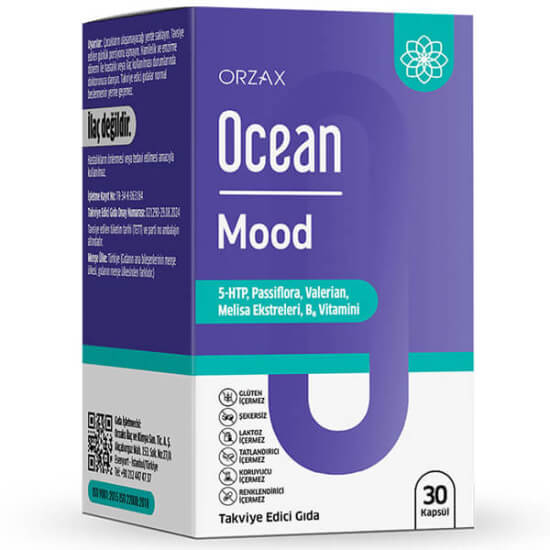 Orzax Ocean Mood 30 kapsül takviye; 5-HTP 50 mg, B6 5 mg, Passiflora, Valerian ve Melisa ekstreleri- 1