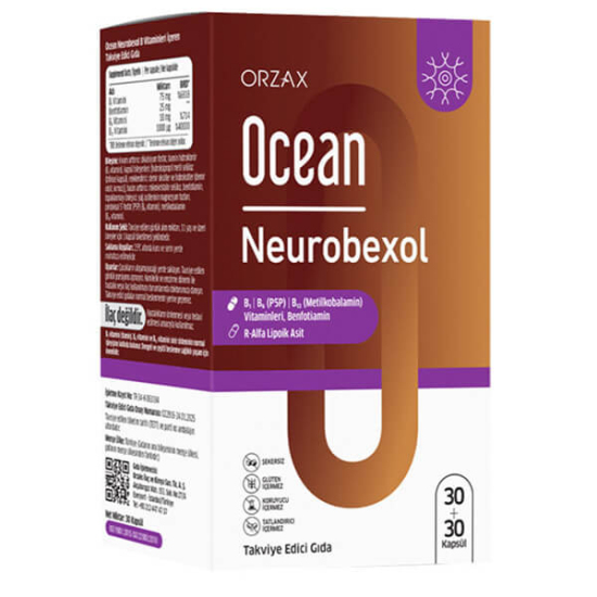 Orzax Ocean Neurobexol 60 kapsül takviye B1 75 mg B6 10 mg P5P B12 1000 µg metilkobalamin R-alfa lipoik asit 600 mg- 1