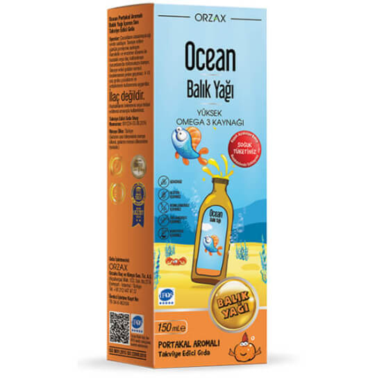 Orzax Ocean Omega 3 balık yağı şurubu 150 ml portakal aromalı sıvı, 5 ml 1480 mg omega 3 740 mg EPA 470 mg DHA- 1