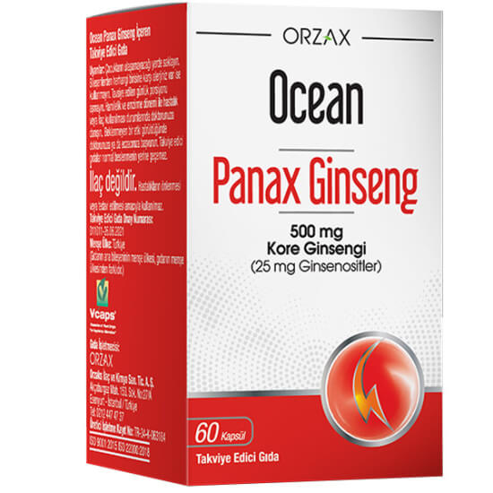 Orzax Ocean Panax Ginseng 60 kapsül 500 mg Panax ginseng kök ekstresi %5 ginsenosit 25 mg ginsenosit vegan Vcaps- 1