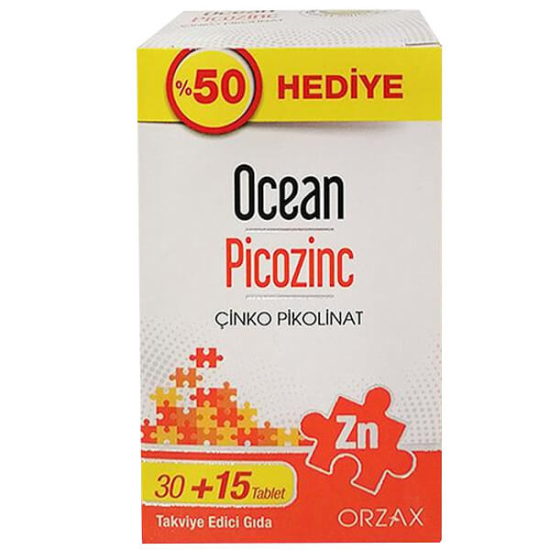 Orzax Ocean Picozinc çinko pikolinat 15 mg 45 tablet takviye edici gıda kutu ürün görseli- 1