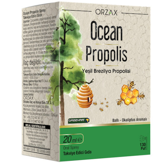 Orzax Ocean Propolis Sprey 20 ml cam şişe, 35 mg yeşil Brezilya propolisi, bal ve meyan kökü ekstreli, vegan- 1