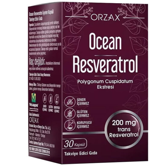 Orzax Ocean Resveratrol 200 mg 30 kapsül bitkisel takviye, Japon poligonumu ekstresi, vegan ve glutensiz, şekersiz- 1