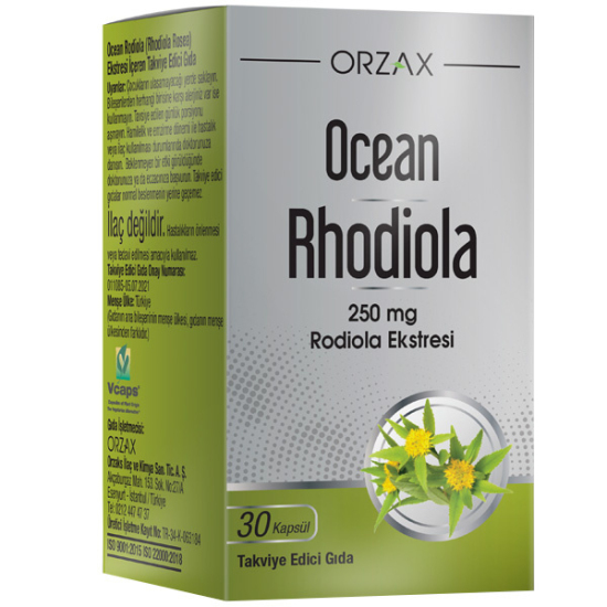 Orzax Ocean Rhodiola 250 mg 30 kapsül rhodiola ekstresi içeren vegan vejetaryen Vcaps gıda takviyesi kutusu- 1