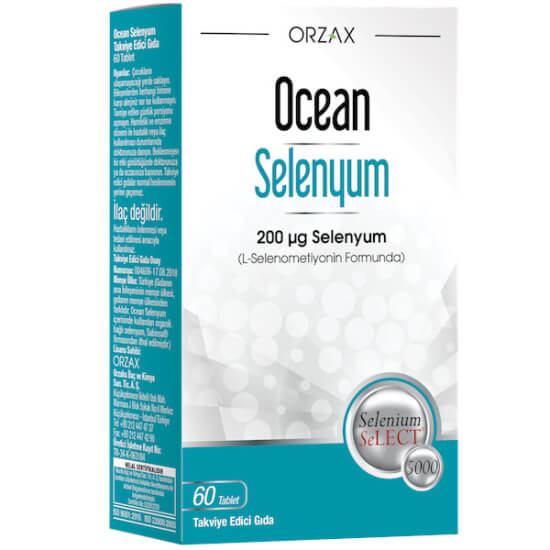 Orzax Ocean Selenyum 200 mcg 60 tablet, organik L-Selenometiyonin Selenium SeLECT içeren selenyum takviyesi kutusu- 1