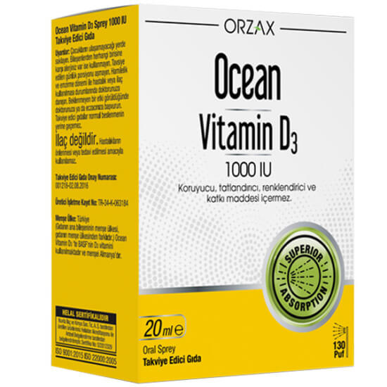 Orzax Ocean Vitamin D3 1000 IU sprey 20 ml, 25 µg D3, zeytinyağlı, ilave şeker koruyucu içermez- 1