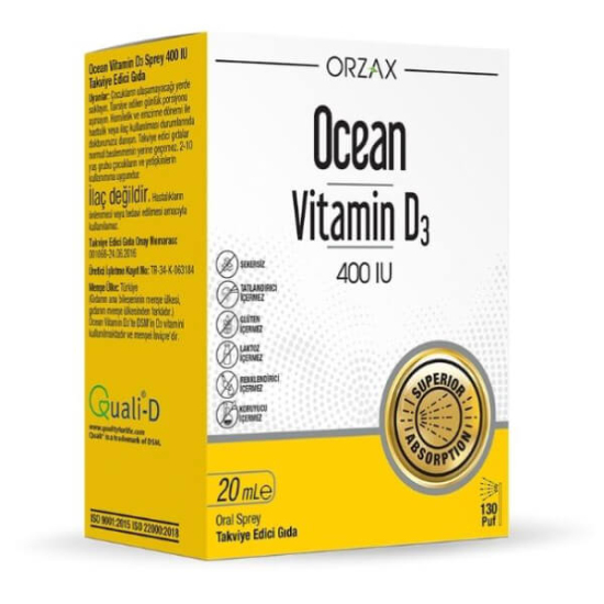 Orzax Ocean Vitamin D3 Sprey 400 IU 20 ml D3 10 µg 400 IU zeytinyağı taşıyıcılı oral sprey takviye- 1
