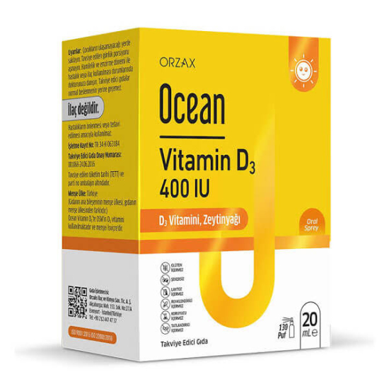 Orzax Ocean Vitamin D3 Sprey 400 IU 20 ml D3 10 µg 400 IU zeytinyağı taşıyıcılı oral sprey takviye