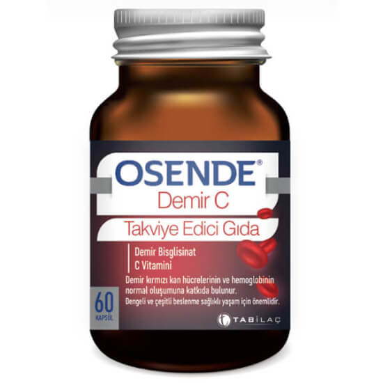 Osende Demir C 60 kapsül takviye edici gıda kutusu, 17 mg demir bisglisinat ve 300 mg Ester-C vitamin C içeren- 1