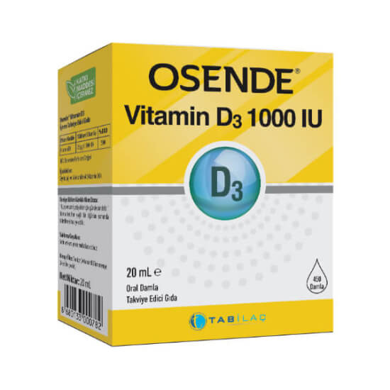 Osende Vitamin D3 damla 20 ml 1000 IU, her damlada 25 µg kolekalsiferol içeren D vitamini takviyesi şişe- 1