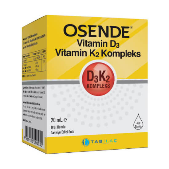 Osende Vitamin D3K2 Kompleks Damla 20 ml takviye gıda şişesi, 1 damlada 1000 IU D3 ve 25 µg K2 MK4 MK7- 1