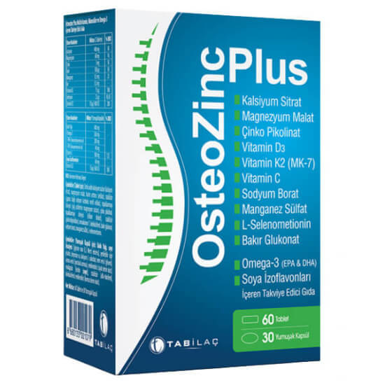 Osteozinc Plus takviye 60 tablet 30 yumuşak kapsül kalsiyum 400 mg magnezyum 60 mg çinko 5 mg omega-3- 1