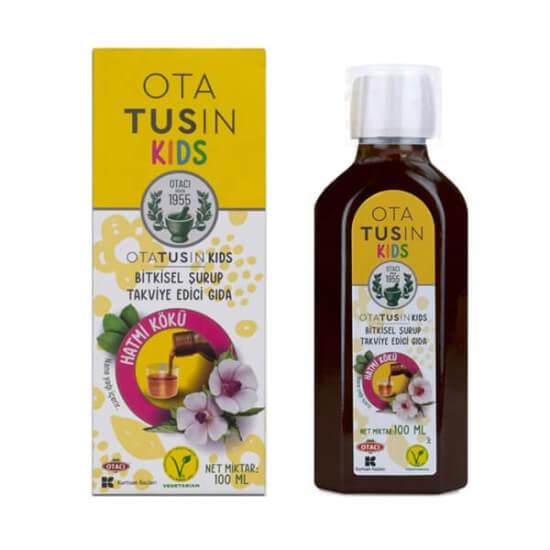Otacı Otatusin Kids çocuk şurubu 100 ml bitkisel takviye hatmi kökü içerikli şurup kutu ve şişe ürün görseli- 1