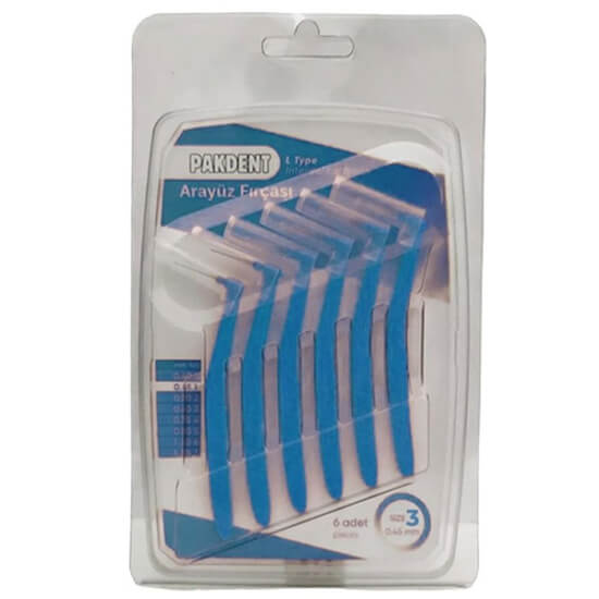 Pakdent arayüz fırçası L tipi 0,60 mm 6 adet mavi, diş arası temizliği için ince interdental fırça seti- 1