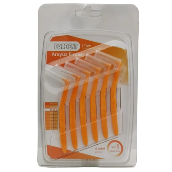 Pakdent arayüz fırçası L tipi 0,45 mm turuncu 6lı paket diş arası temizleme interdental fırça- 1