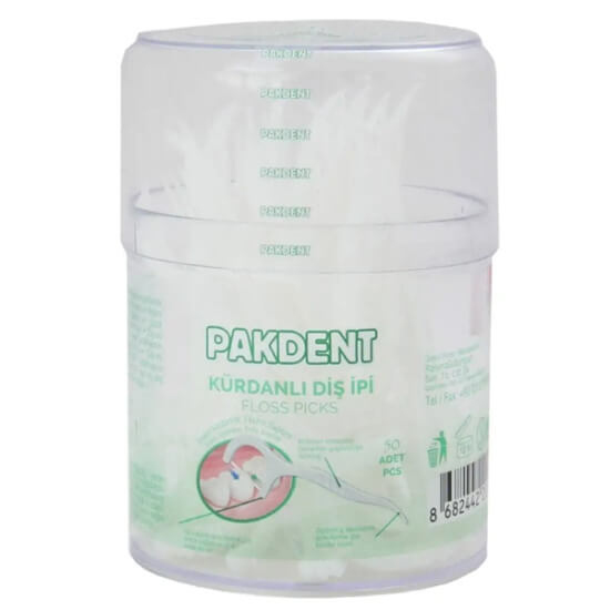 Pakdent kürdanlı diş ipi 50li silindir kutu, pratik arayüz temizliği için kürdan uçlu dental floss çubukları- 1