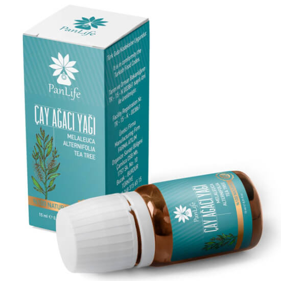 Panlife Çay Ağacı Yağı 10 ml doğal içerikli cilt bakım yağı cam şişe ve damlalık, ambalaj üzerinde Tea Tree Oil- 1