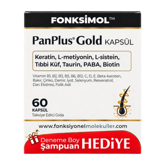 PanPlus Gold 60 kapsül keratin 60 mg biotin 5000 µg çinko 15 mg vitamin C 90 mg E 40 mg deneme boy şampuan hediyeli