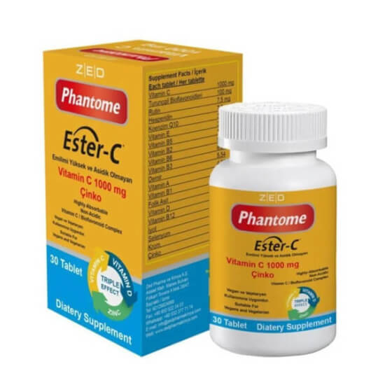 Phantome Ester C Vitamin C 1000 mg 30 tablet, D vitamini 1000 IU, çinko, rutin, koenzim Q10 ve bioflavonoid içerir- 1