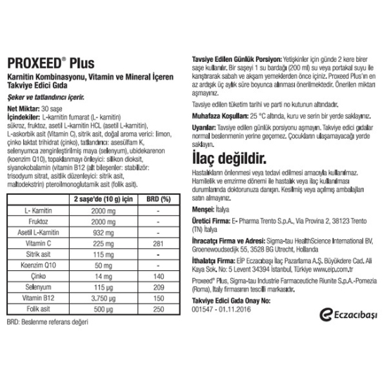 Proxeed Plus 30 Saşe Karnitin Kombinasyonu Vitamin ve Mineral Takviyesi - 2