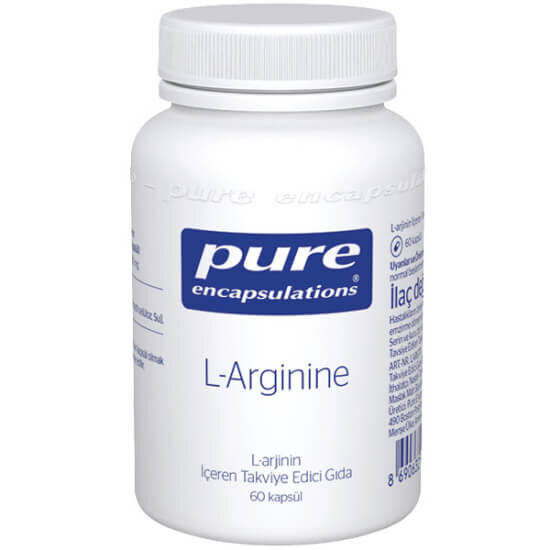 Pure Encapsulations L Arginine 60 kapsül takviyesi her 2 kapsülde 1120 mg L-arjinin içeren vegan gıda takviyesi kutusu- 1