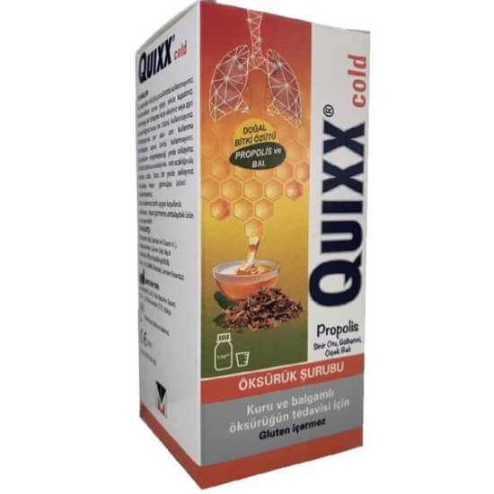 Quixx Cold Propolis Şurup 100 ml hatmi çiçeği ve bal içeren sıvı gıda takviyesi şurup ürün kutusu- 1