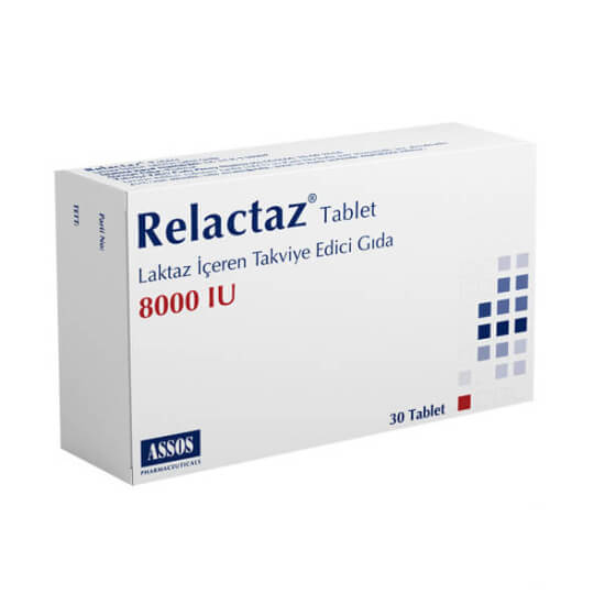 Relactaz 30 Tablet 80 mg 8000 UI laktaz içeren laktoz enzimi takviyesi 30 tablet Assos Pharma kutu- 1