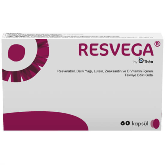 Resvega 60 kapsül gıda takviyesi kutusu, omega 3, lutein, zeaksantin, resveratrol, D C E vitaminleri, çinko bakır- 1