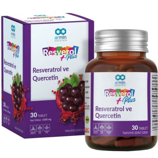 Resverol Plus 30 tablet gıda takviyesi kutusu 100 mg resveratrol 120 mg C vitamini 100 mg quercetin- 1