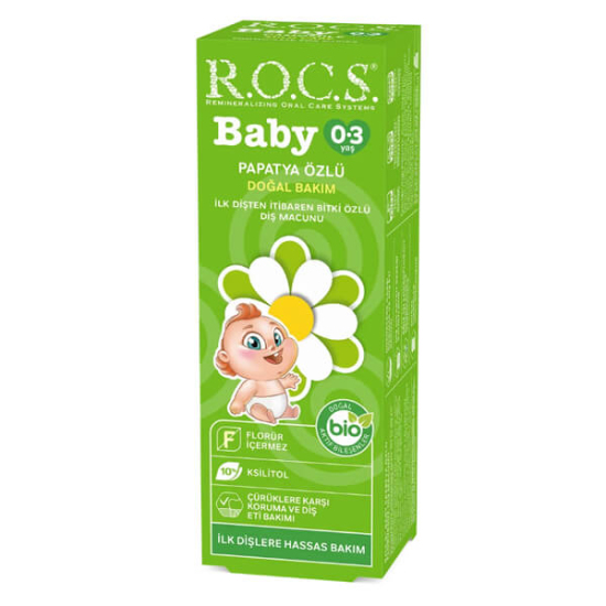 Rocs Baby 0-3 yaş yutulabilir diş macunu papatya özlü nazik bebek ağız bakımı günlük kullanım ürün kutusu- 1