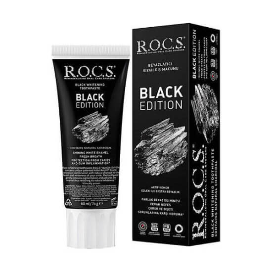 Rocs Black Edition beyazlatıcı siyah diş macunu 60 ml, aktif kömür özleri içeren, yetişkin kullanımı için- 1