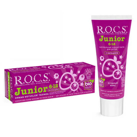 Rocs Junior 6-12 yaş orman meyveli diş macunu 60 ml, ksilitol kavak ekstratı ve mineral kompleks kalsiyum fosfor magnezyum- 1