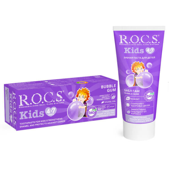 ROCS Kids 4-7 yaş çocuk diş macunu balonlu sakız aromalı 35 ml tüp yutulabilir düşük aşındırıcı ağız bakımı- 1