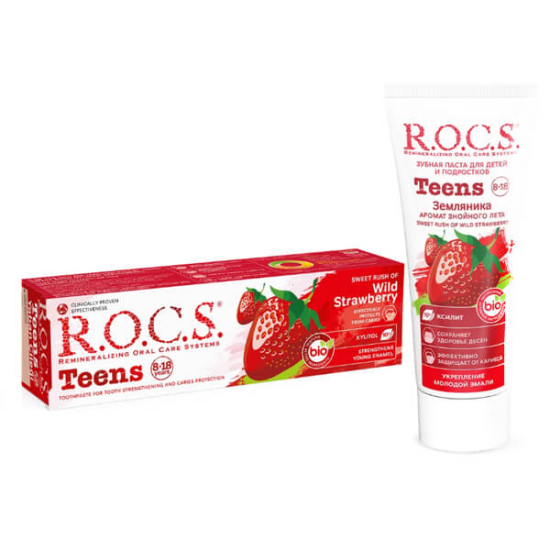 Rocs Teens 8-18 yaş diş macunu yaban çileği aromalı 60 ml aminoflorid ve ksilitol içeren tüp kutu- 1