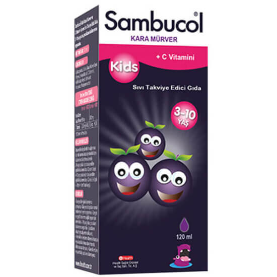 Sambucol Kids kara mürver özütü 120 ml şurup, likit form, C vitamini ve çinko içeren çocuk takviyesi şişe kutu- 1