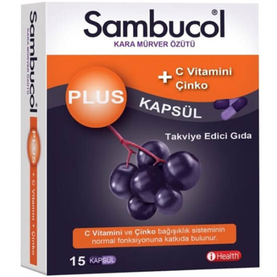 Sambucol Plus 15 kapsül C vitamini 200 mg çinko 6 mg kara mürver ekstresi 127 mg içeren gıda takviyesi kutusu- 1