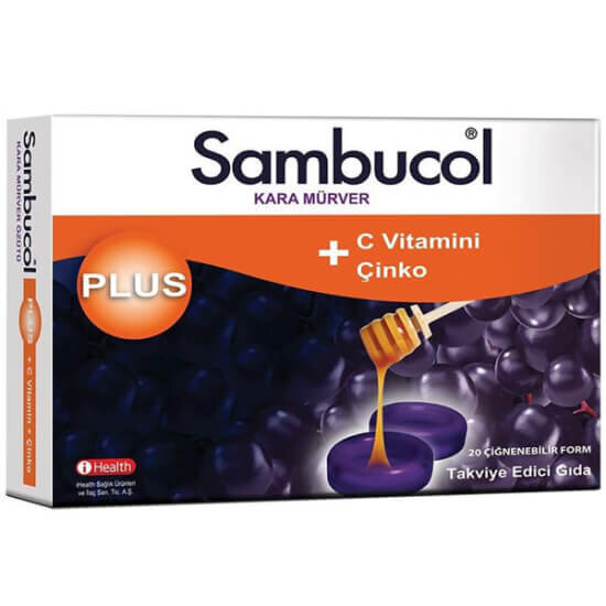 Sambucol Plus kara mürver ekstresi 20 pastil çiğnenebilir 600 mg kara mürver 150 mg C vitamini 9 mg çinko- 1