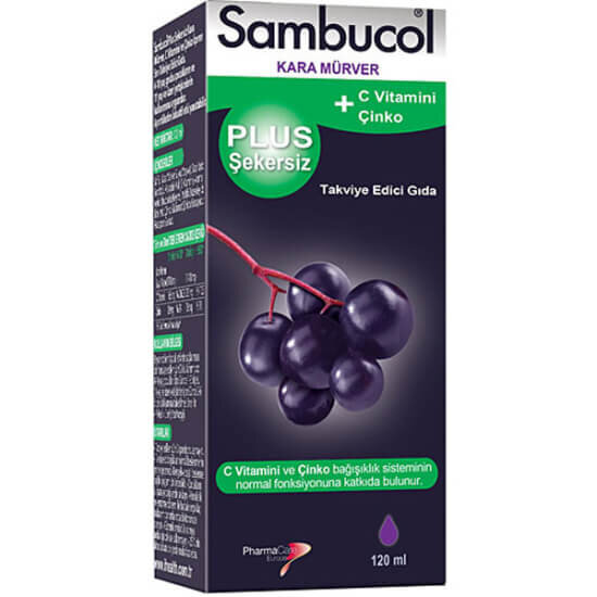 Sambucol Plus şekersiz kara mürver likit 120 ml, 5700 mg kara mürver suyu, 165 mg C vitamini, 3,9 mg çinko- 1