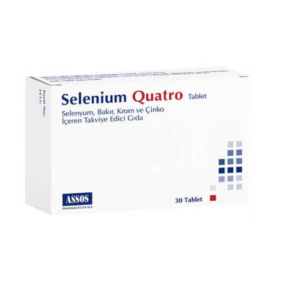 Selenium Quatro 30 Tablet gıda takviyesi kutusu 200 µg selenyum 15 mg çinko 360 µg krom 2000 µg bakır 30 tablet- 1