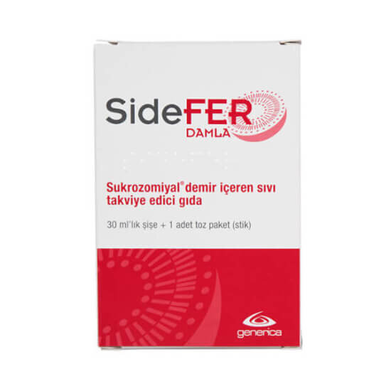 Sidefer Damla 30 ml demir takviyesi şişesi ve kutusu, sukrozomiyal teknoloji, 7 mg/1 ml sıvı demir içeriği- 1