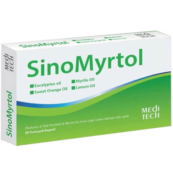 SinoMyrtol 20 yumuşak kapsül 20 adet kutu; ökaliptus yağı 240 mg, tatlı portakal 189 mg, mersin 78 mg, limon 18 mg- 1