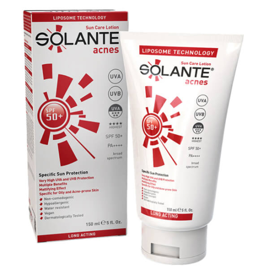 Solante Acnes SPF 50 150 ml yağsız güneş kremi, renksiz, akneye eğilimli ciltler için UVA UVB koruma- 1