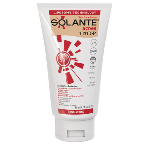 Solante Acnes Tinted Losyon SPF50+ 50 ml renkli güneş kremi akneye eğilimli ciltler için yüksek UVA UVB koruma- 1
