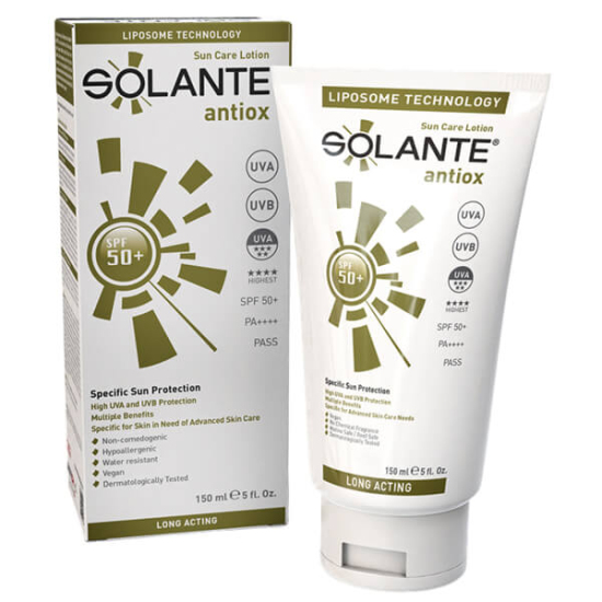 Solante Antiox SPF 50 150 ml güneş kremi, antioksidan içerikli, UVA/UVB koruma, yağsız suya dayanıklı, paraben içermez- 1