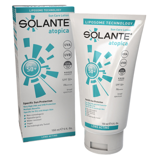 Solante Atopica SPF 50 renkli güneş losyonu 150 ml kuru hassas ciltler için UVA UVB koruma suya dayanıklı- 1