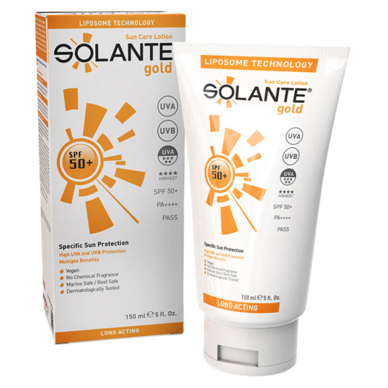 Solante Gold SPF 50 güneş koruyucu losyon 150 ml tüm cilt tipleri için geniş spektrum UVA UVB koruma- 1