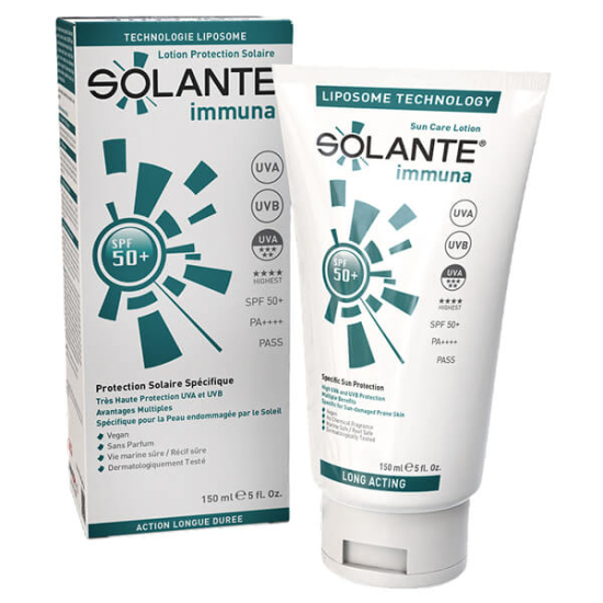 Solante Immuna SPF 50+ 150 ml güneş kremi, UVA-UVB koruma, yağsız, suya dayanıklı, hipoalerjenik vegan- 1